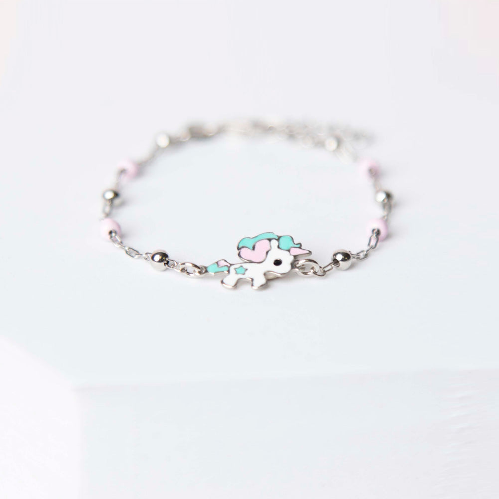 6-7" Enamel Unicorn & Bead Satellite Kids / Teen Bracelet Extension - Sterling Silver