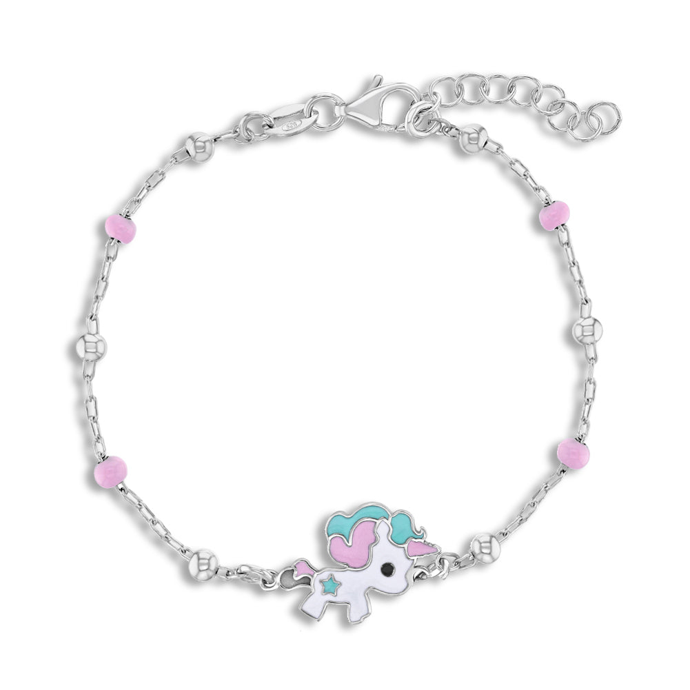 6-7" Enamel Unicorn & Bead Satellite Kids / Teen Bracelet Extension - Sterling Silver